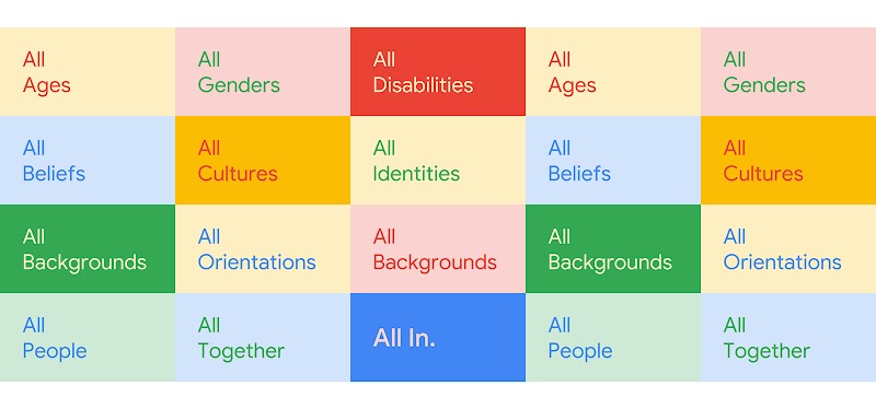 色とりどりの箱が並んだマス目。それぞれのボックスには、以下のフレーズのいずれかが書かれています。例、すべての年齢、すべての性別、すべての障害、すべての信念、すべての文化、すべてのアイデンティティ、すべての背景、すべての方向性、と書かれています。