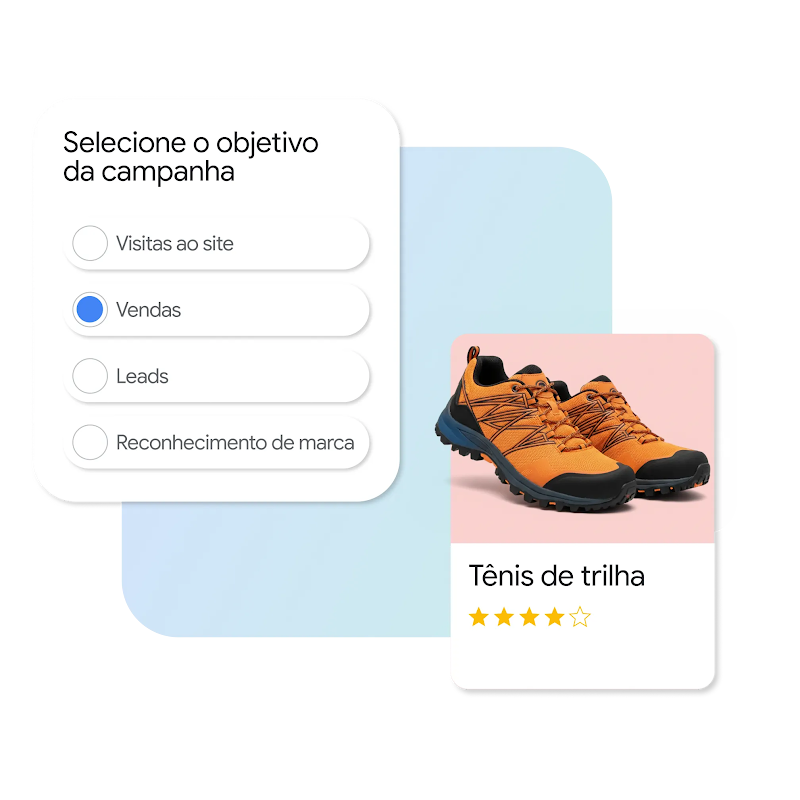  Interface em estilo card com o nome “Selecione o objetivo da sua campanha”, mostrando quatro opções: Visualizações do site, Vendas, Leads e Awareness. A opção "Vendas" está selecionada, destacada com um círculo azul, e o cursor está clicando nela."À direita, um cartão de produto apresenta um par de botas de caminhada laranja com classificação de 4 estrelas e o texto "Tênis de trilha
