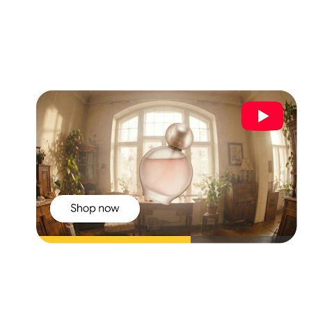 A YouTube video Ad of a light pink perfume bottle with the Shop now button.