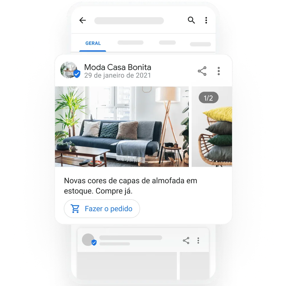 Imagem do Perfil de uma empresa mostrando uma postagem para promover ofertas especiais, eventos e atualizações. Na postagem, imagem de almofadas em uma sala e em uma cadeira. Texto da postagem: &quot;Novas cores de capas de almofada em estoque.  Compre agora.&quot;