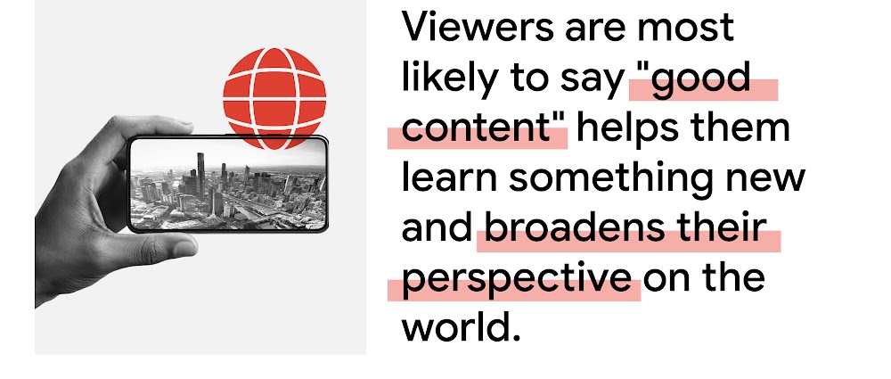 A globe icon beside a mobile screen showing a city skyline. Thai viewers are most likely to say “good content” helps them learn something new and broadens their perspective on the world.