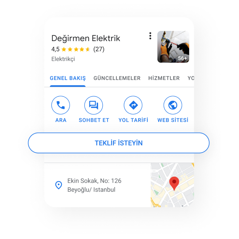 "Fiyat teklifi isteyin" düğmesinin vurgulandığı İşletme Profilinin bir mobil cihazdaki görünümünün resmi