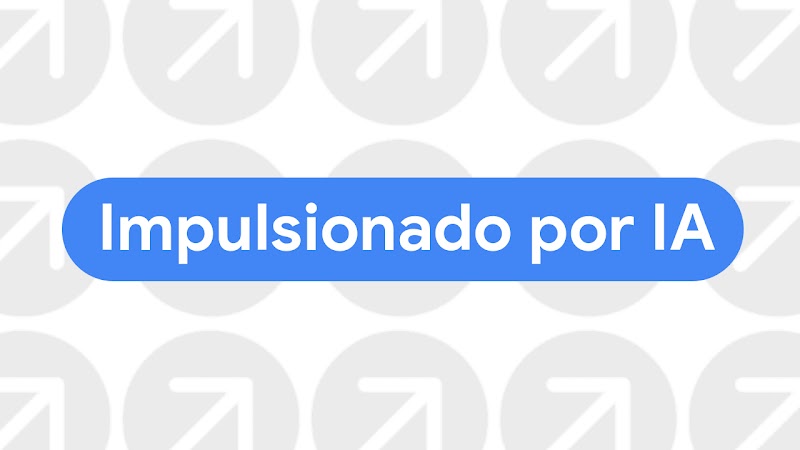 Imagem com círculos cinza claro contendo ícones de setas brancas apontando para cima à direita. No centro, há uma barra azul com o texto “Impulsionado por IA”.