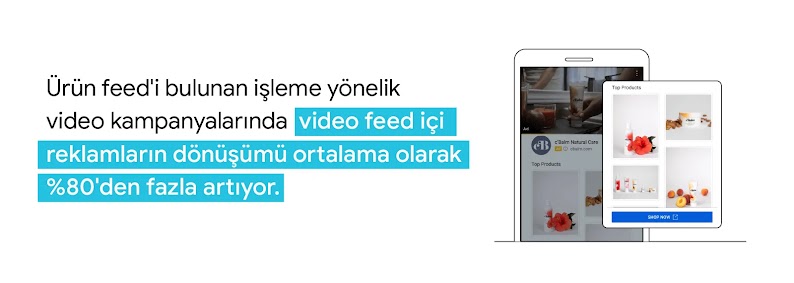 c'Balm Natural Care şirketine ait bir ürün feed'ini görüntüleyen cep telefonu. Ürün feed'i bulunan işleme yönelik video kampanyalarında video feed içi reklamların dönüşümü ortalama olarak %80'den fazla artıyor.