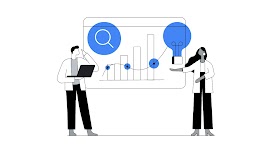 2 people stand either side of a browser. On the screen, an incremental bar graph with blue data points across it. The line connecting them connects to a blue light bulb on the screen’s right. On the screen’s left, a magnifying glass inside a blue circle.