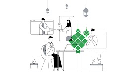 People in baju kurung (traditional attire) connecting with one another online and exchanging gifts virtually during Ramadan