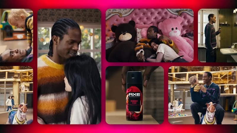 A vibrant collage from an AXE Cherry Fizz advertisement features scenes of a man playing with a child, embracing a woman, and lounging in a whimsical bedroom filled with giant stuffed animals. At the center, the AXE spray bottle is prominently displayed.