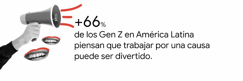 Una mano con un megáfono del cual salen rayos rojos. A un costado unas bocas con borde rojo. A la derecha la leyenda “66% de los Gen Z en América Latina piensan que trabajar por una causa puede ser divertido”.