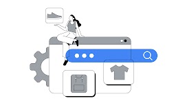 Una barra di ricerca Google è evidenziata in blu al centro dell'illustrazione. Attorno ad essa una pagina web sulla cui sinistra si trova un ingranaggio, e tre immagini: una scarpa, uno zaino e una t-shirt. Nella parte superiore una donna con i capelli lu