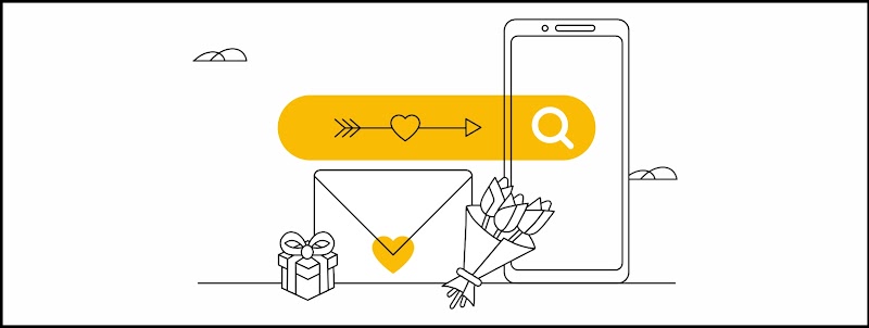 Una pantalla de un dispositivo móvil detrás de una barra amarilla de buscador. Debajo, un sobre con un corazón en amarillo, unas flores y un regalo. Sobre la barra del buscador, una flecha de Cupido.