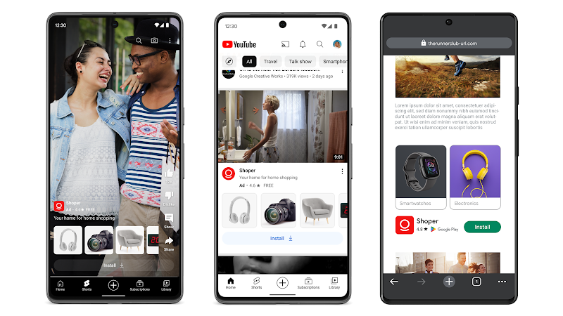 Product feed in YouTube homepage, Product feed in YouTube Shorts, Product feed in website.
