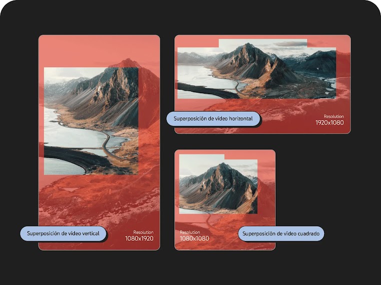 Ejemplo de anuncio que muestra una panorámica aérea de un desfiladero en tres formatos de superposición diferentes: superposición de vídeo vertical con una resolución de 1080x1920, superposición de vídeo horizontal con una resolución de 1920x1080 y superp