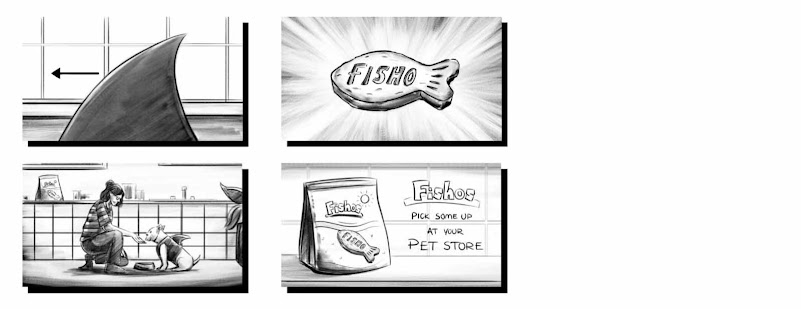 Recorte de storyboard em quatro quadros. No primeiro, há a barbatana de um tubarão. No segundo, um biscoito Fisho em destaque. No terceiro, uma mulher alimenta um cachorro. No quarto, a embalagem de Fishos e uma frase incentivando a compra.