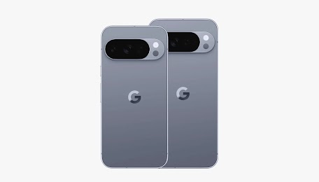 Pixel 10 Pro - Two Google Pixel 10 Pro smartphones in Moonstone colour, showing the rear matte finish and the signature horizontal triple camera system.