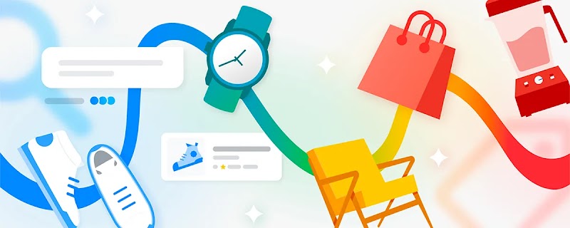An AI-generated illustration of a rainbow-colored ribbon connects items people shop for online: blue sneakers, green watch, yellow chair, orange handbag, and red blender.