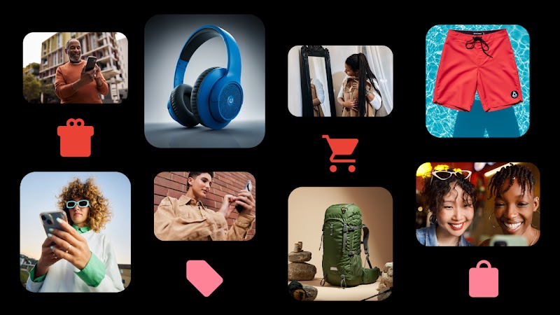 An assortment of photos and shopping icons mingle. Consumers use AI and video on their phones to shop for headphones, backpacks, dresses, and swim trunks.