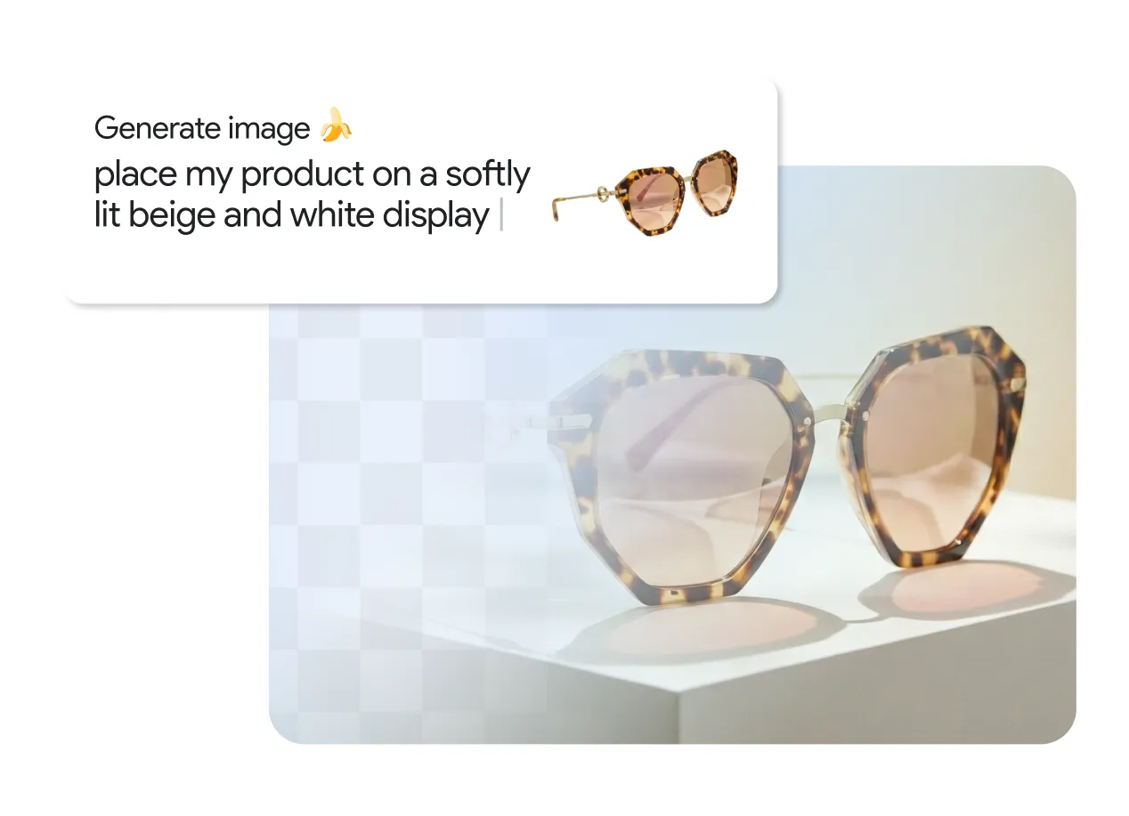 Screenshot showing an AI image generation prompt reading “Generate image: place my product on a softly lit beige and white display,” alongside a product photo of tortoiseshell sunglasses displayed on a minimalist white pedestal against a soft beige background with gentle lighting.