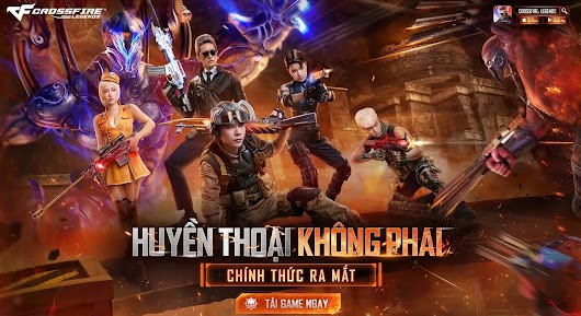 A Crossfire game promotional thumbnail showing a diverse squad of armed characters in combat poses, with Vietnamese text reading "Huyền Thoại Không Phai