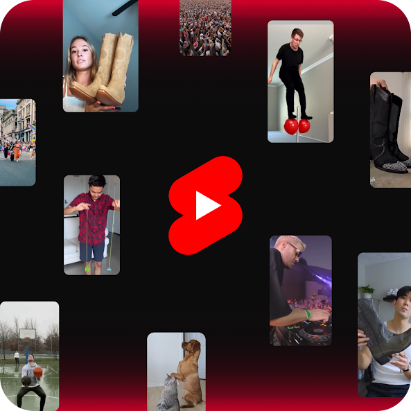 Le logo YouTube Shorts est entouré d'un collage de vidéos de créateurs variées.