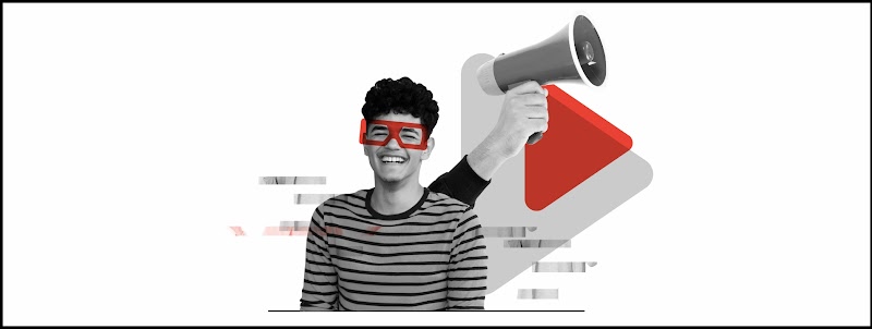 Un joven con cabello enrulado y morocho sonríe con anteojos rojos falsos. Detrás de él, se asoma una mano con un megáfono y el logo de YouTube en rojo.