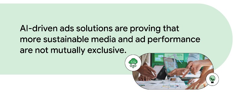 AI-driven ad solutions are proving that sustainable media and ad performance are not mutually exclusive, represented by a business meeting with a cloud showing dropping CO₂ and a lightbulb containing a leaf.