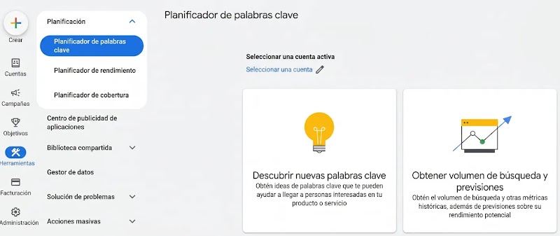 Panel del Planificador de palabras clave de Google que muestra la ubicación en la navegación