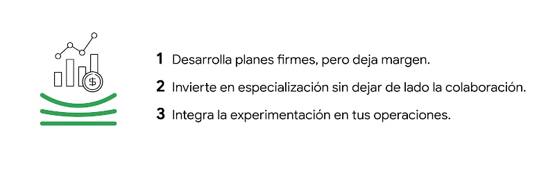 Tres factores clave para que los profesionales del marketing puedan adaptarse a los cambios y lograr buenos resultados: 1. Desarrolla planes firmes, pero deja margen. 2. Invierte en especialización sin dejar de lado la colaboración. 3. Integra la experime