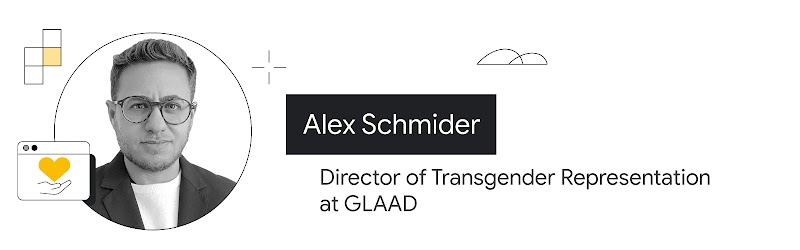 Portrait d'Alex Schmider, directeur de la représentation de la communauté transgenre de GLAAD. Il a la peau claire, des cheveux courts et brun clair, et une barbe. Il porte des lunettes, et un fin pull blanc sous une veste de couleur sombre.