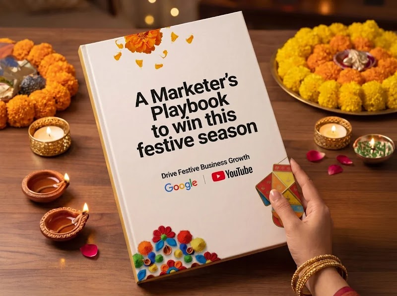 A hand holding a Google and YouTube guidebook titled "A Marketer's Playbook to Win this festive season" on a wooden table decorated with lit diyas and marigold garlands.