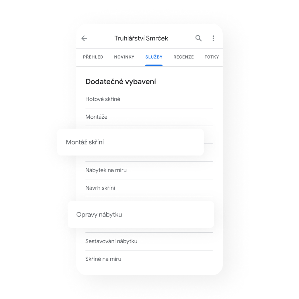 Obrázek profilu firmy poskytující služby na mobilním zařízení se zvýrazněným seznamem nabízených služeb