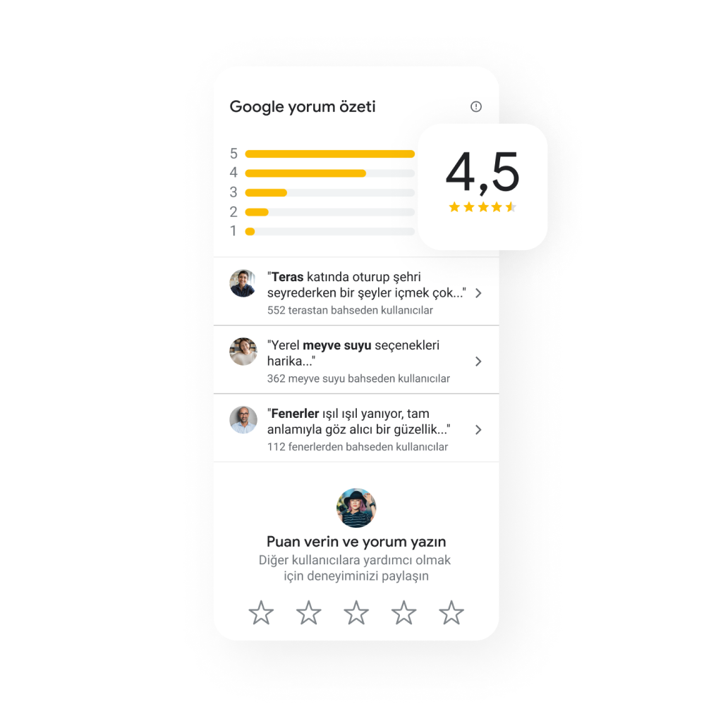 Yıldız yorumları ve müşteri yayınları içeren bir İşletme Profili yorum özeti sekmesinin resmi