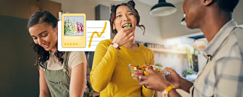 A group of young adults at a social gathering. One of them is holding a bowl of assorted sweets. A woman wearing a yellow long-sleeved shirt is putting one of the sweets in her mouth. Overlaying the photo, an ad for sweets, and a yellow line graph icon.