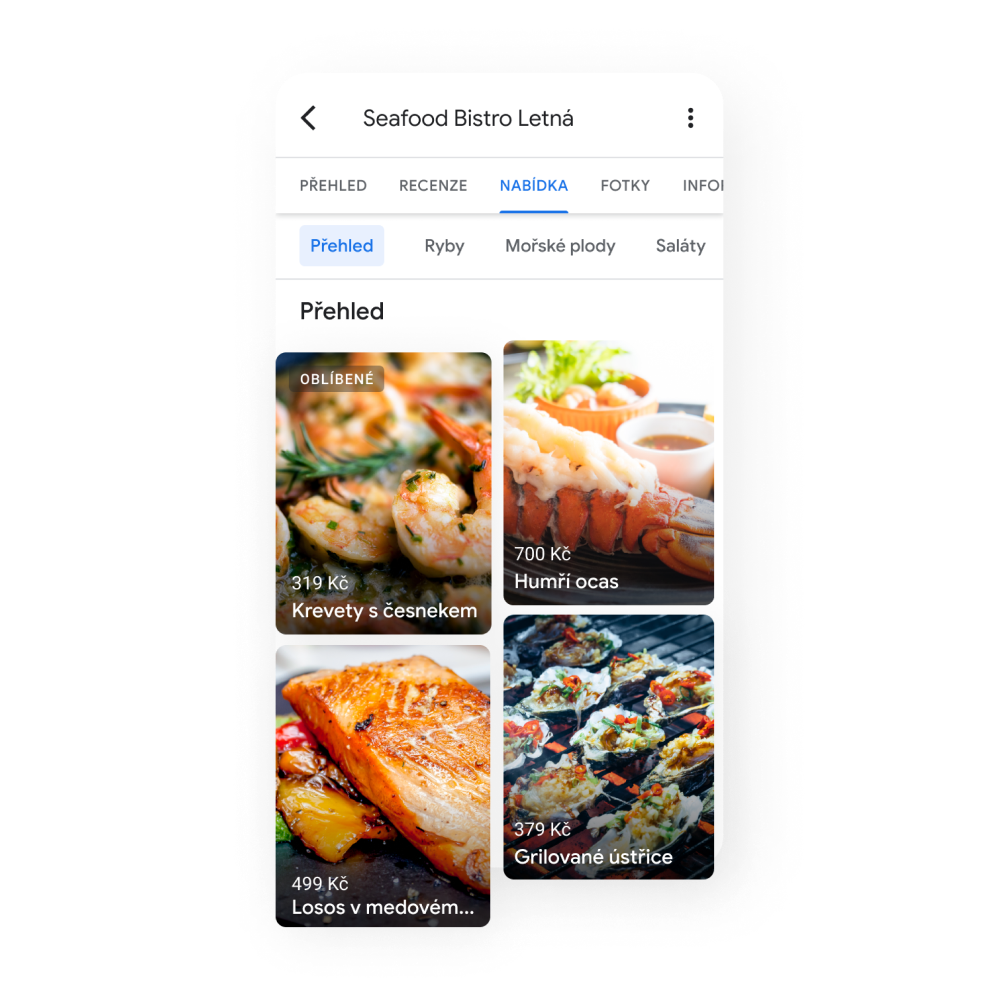 Obrázek nejlepších položek ve Firemním profilu s nejlepšími jídly a menu: hovězí žebírka, sendvič s trhaným vepřovým, uzený bůček se sýrovými těstovinami