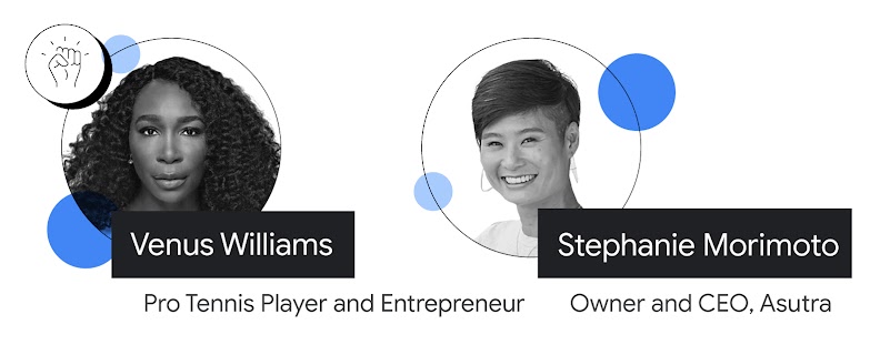Un puño junto a las fotos de Venus Williams, tenista profesional y empresaria, y Stephanie Morimoto, dueña y directora ejecutiva de Asutra. Williams tiene piel oscura y pelo largo y rizado. Morimoto tiene la piel clara y el pelo corto y negro.