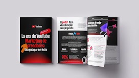 Folleto abierto y portada con el logo de YouTube. En la portada destaca el texto "La era de YouTube Marketing de creadores: Una guía para el éxito". Las páginas interiores muestran diagramas con el título "El poder de la visualización con propósito".