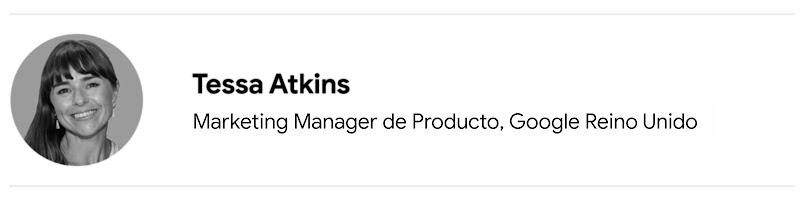 Foto en blanco y negro de Tessa Atkins, Marketing Manager de Producto de Google Reino Unido.