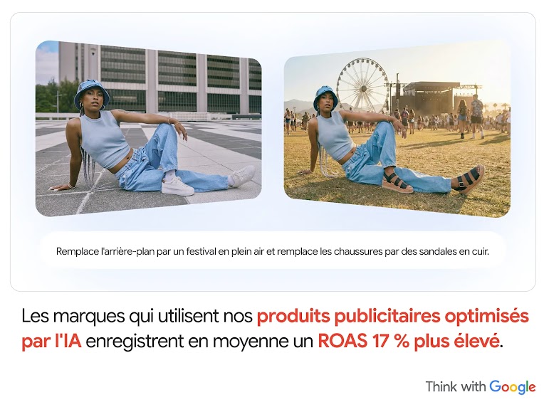 Deux photos montrent une femme portant des vêtements streetwear. Sur l'originale, elle est dans une rue et porte des baskets. Sur la version modifiée par l'IA, elle est dans un festival de musique et porte des sandales.