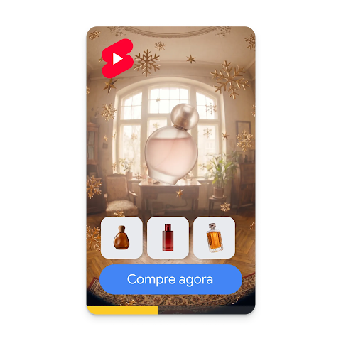 Anúncio em vídeo do YouTube Shorts de um perfume mostrando um carrossel de 3 produtos e um botão com o texto "Compre agora".