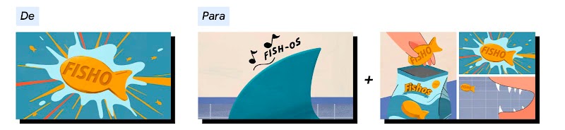 A cena de um biscoito Fisho em close deve ser substituída por uma barbatana de tubarão em detalhe com o jingle da marca mais uma sequência que mostra uma mão na embalagem, um biscoito e uma boca prestes a comer o biscoito.