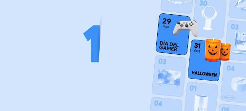 1. Una cuadrícula de calendario azul, con un joystick de gamer el 29 de agosto y velas de calabaza de Halloween el 31 Oct. Otros regalos navideños llenan las casillas del fondo.