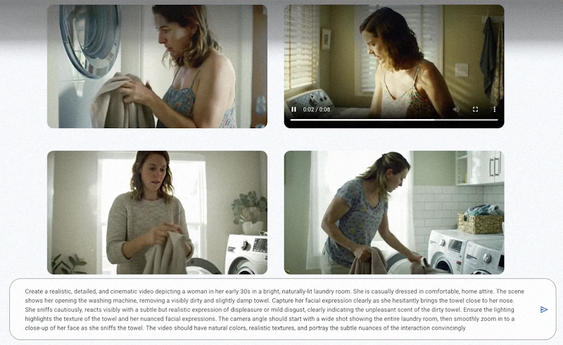 An illegible prompt appears under a series of AI-generated images of a woman doing laundry.