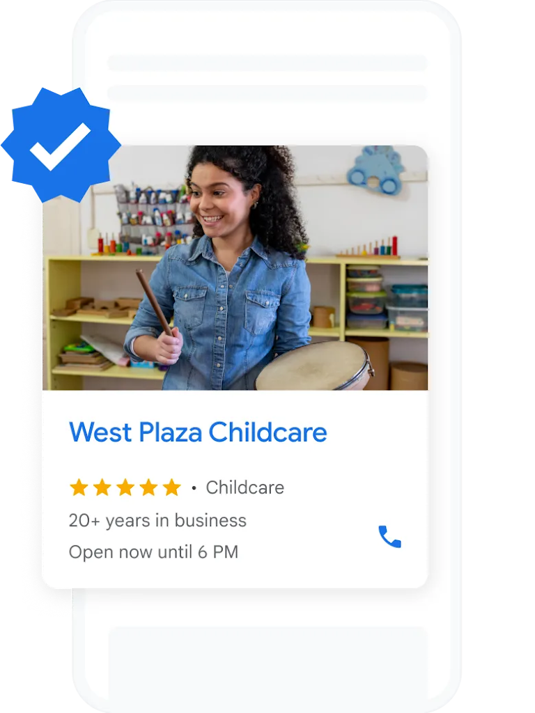 A mobile screen displays a local ad for a childcare facility.