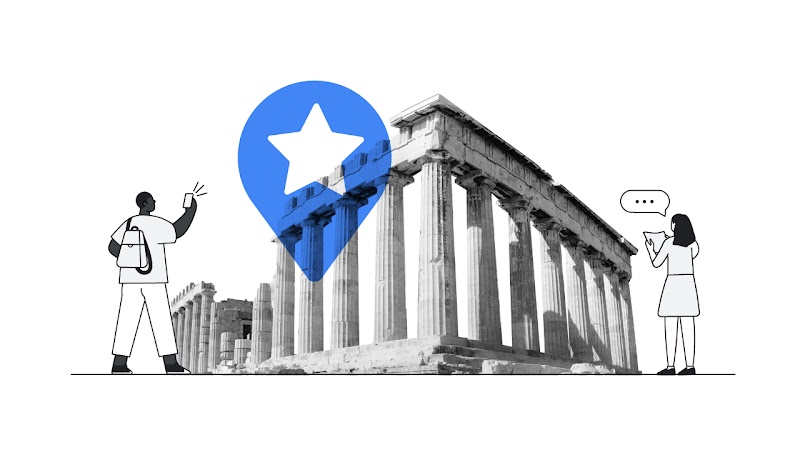 A parthenon with tourists around it taking pictures and a blue location overlay with a star in the middle.