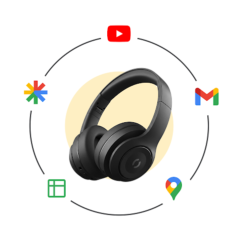 Zdjęcie słuchawek z ikonami usług Google wokół nich.