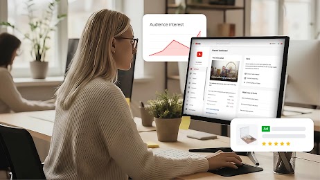 A woman searches for information about Coachella on YouTube. Around her are bubbles with an audience interest graph and an ad for a makeup palette. 