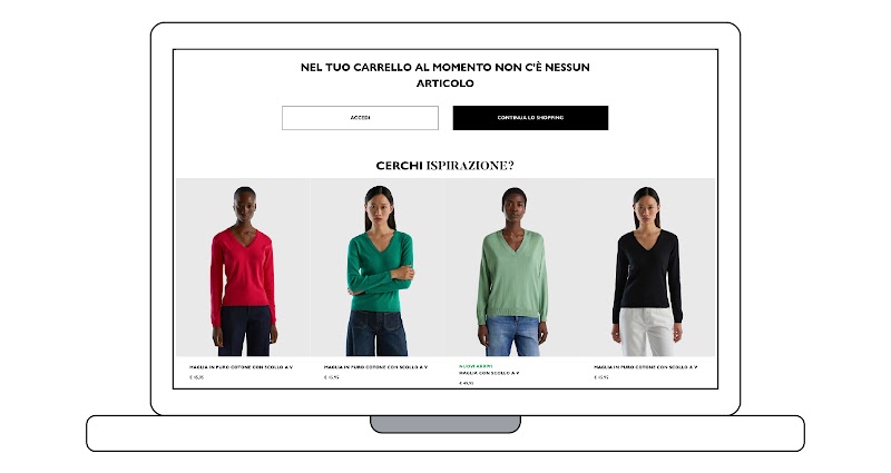 Vediamo la schermata del carrello vuoto dell’e-commerce Benetton. Qui appaiono le raccomandazioni con un testo che invita a cercare ispirazione e acquistare. Quattro modelli indossano abiti del brand. Al di sotto di ognuno vediamo descrizione e prez