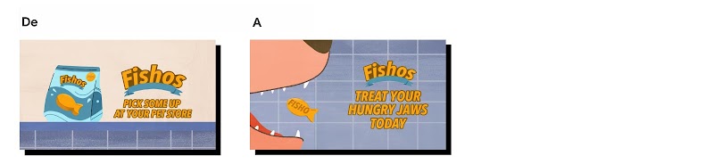 Guión gráfico con dos cuadros para el anuncio de Fishos. En el primero, el paquete de Fishos, un texto con la marca y una bajada: “Recoge algunos en tu tienda de mascotas”. En el segundo, la boca abierta del perro mientras se acerca un Fishos y el texto: