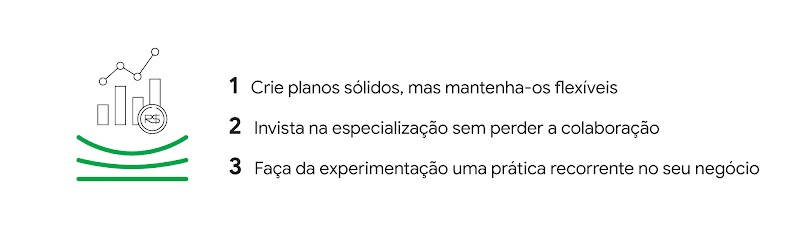 1. Crie planos sólidos, mas mantenha-os flexíveis. 2. Invista na especialização sem perder a colaboração. 3. Faça da experimentação uma prática recorrente no seu negócio.