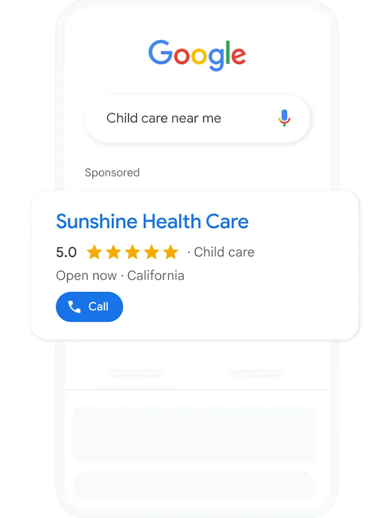 A search query and local services ad for childcare nearby. 