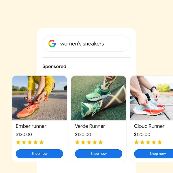 A Google search for women’s sneakers and a row of sponsored product ads that have popped up.